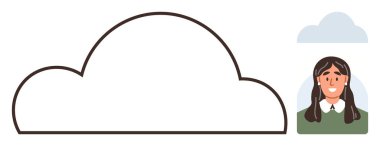 Gülümseyen bir kadın simgesinin yanında minimalist bulut anahatları, bağlantıyı, teknolojiyi ve bilgi paylaşımını vurguluyor. İletişim, veri depolama, ağ oluşturma, yaratıcılık ve takım çalışması için ideal