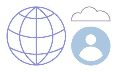 Küresel erişimi, bireysel odaklanma için kullanıcı simgesini ve depolama veya teknoloji için bulut anahatlarını temsil eden dünya ızgarası. Teknoloji, iletişim, ağ, küreselleşme, kullanıcı verileri, bulut için ideal