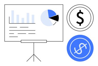 Tablo ve pasta grafiği siyah ve mavi renkli ikonların yanında duruyor. Finans, yatırım, bütçe planlaması, ekonomi stratejisi, piyasa başarısı, mali raporlar için ideal