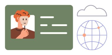 Kimlik kartı tutan kişi, küresel ağ sembolü ve güvenli kimlik erişimini gösteren bulut simgesi. Siber güvenlik, çevrimiçi kimlik doğrulama, dijital kimlik, küresel iletişim, veri için ideal