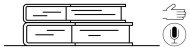Kitap yığını eğitimi ve referans materyalini temsil ediyor. İletişim için dostane bir el ve mikrofon sembolü içerir, sesli temalar. Eğitim, okuma, öğrenme ve öğretim için ideal