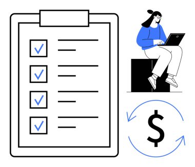 Mavi işaretli görev listesi, dizüstü bilgisayarda çalışan kadın, işlemleri gösteren okları olan dolar işareti. Üretkenlik, çevrimiçi iş, mali planlama, iş akışı, görev yönetimi için ideal