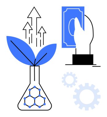 Büyüyen bir bitki, molekül deseni, okları ve dişlileri olan bir şişenin yanında el ele tutuşan para. Sürdürülebilirlik, araştırma, yenilik, teknolojik büyüme doğa koruma için ideal. Basit.