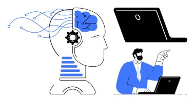 Devreli, dişli ve beyni yapay zekayı sembolize eden bir insan kafası, dizüstü bilgisayara bağlı ve ekranı işaret eden bir adam. Yapay zeka, teknoloji, yenilik, veri eğitimi otomasyon bilimi için idealdir. Basit düz