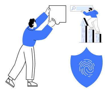 Kişi birleştirme bulmacası, çubuk grafiğinde başka bir analiz araması, parmak izli mavi kalkan. Yenilik, takım çalışması, çevrimiçi arama, büyüme, güvenlik, problem çözen basit düz metafor