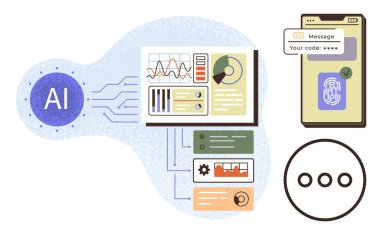 Gösterge paneline bağlı yapay zeka çipi grafikleri ve ölçümleri görselleştiriyor, telefon ile parmak izi taraması ve kod doğrulaması yapılıyor. Teknoloji, veri yönetimi, otomasyon, güvenlik, yenilik, analiz için ideal