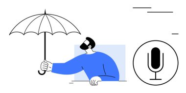 Korunmak için şemsiye tutan, pencereden sarkan bir adam. En yakın mikrofon ikonu sesi, podcast 'i ya da yayını sembolize eder. Koruma, podcast, yaratıcılık ve iletişim için ideal