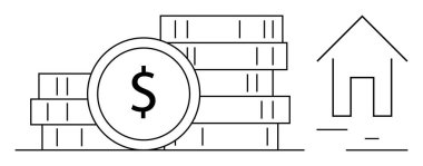 Üzerinde dolar işareti olan bir yığın bozuk para, basit bir ev taslağının yanında. Finans, yatırım, emlak, ipotek, tasarruf, ev sahipliği, krediler için ideal. Basit bir iniş sayfası için mükemmel.