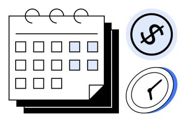 Vurgulanmış tarihler, dolar işareti ve saat takvimi programlama, para ve zaman yönetimi öneriyor. Planlama, üretkenlik, teslim tarihleri, verimlilik bütçe organizasyonu için ideal