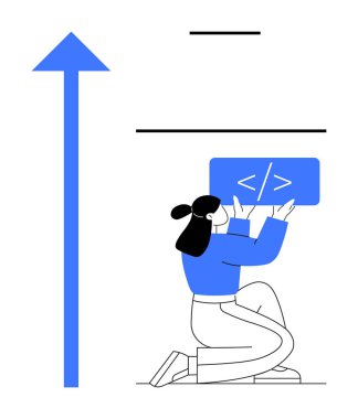 Female coder kneeling with code snippet in hands, large upward arrow and design lines. Ideal for coding, growth, progress, education, teamwork, innovation, simple landing page clipart svg vector 