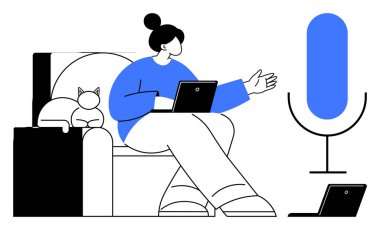 Kanepede oturan, dizüstü bilgisayarda çalışan, el kol hareketi yapan, büyük bir mikrofon ve yakınlarda kedisi olan bir kadın. Podcast, kayıt, içerik oluşturma, uzaktan çalışma teknolojisi yaşam tarzı için ideal. A