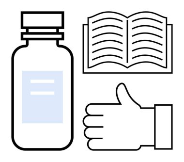 İlaç şişesi, açık kitap ve onaylı el sağlık bilgisi, onay ve eğitimi iletin. Sağlık hizmetleri, eczane, kılavuz ilkeler, öğrenim onayı sade iniş sayfası için idealdir