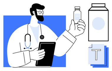 Doktor ilaç şişesini tutarken tablet ve steteskop boynundaki bilgileri inceliyor. Sağlık, aşı, araştırma, tıbbi teknisyen, teşhis, halk sağlığı ve basit iniş için ideal
