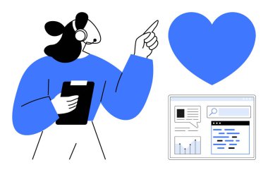 Kulaklıklı bir kadın elinde bir pano ile kalp ve internet analitik ekranını işaret ediyor. Müşteri desteği, kullanıcı deneyimi, bakım ekibi kavramları, analitik, takım çalışması, empati, basit