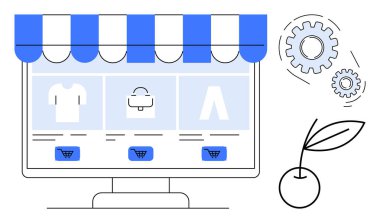 Depo önü tasarımı, ürün fayansları, alışveriş arabasının düğmeleri, işlem optimizasyonu için vitesler ve büyüyen kirazlı bilgisayar monitörü. Çevrimiçi alışveriş, perakende satış, e-ticaret verimliliği ve kullanıcı için ideal