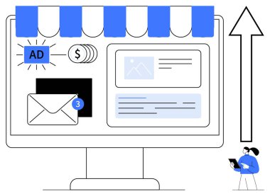 Depo önü altında çevrimiçi reklamlar, e-posta bildirimleri, madeni paralar ve web içeriğinin yer aldığı masaüstü ekranı. Ok büyümeyi gösteriyor. Pazarlama, e-ticaret, e-posta kampanyaları, reklam analizleri için ideal