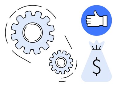 Birbirine kenetlenen vitesler, onay için onay simgesi ve finansal başarıyı simgeleyen dolar torbası. İş için ideal, takım çalışması, verimlilik, strateji, finans, yenilik basit iniş sayfası