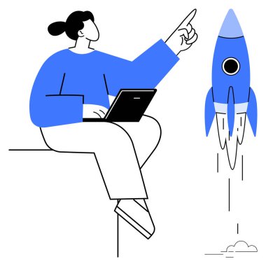 Dizüstü bilgisayar tutan bir kadın, roketi fırlatmayı işaret ederek yenilik, büyüme ve başarıyı simgeliyor. Girişimcilik, girişimcilik, ilerleme, liderlik, motivasyon teknolojisi için idealdir.