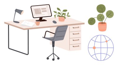 Bilgisayar, sandalye, lamba, gazete, kahve fincanı, saksı bitkisi ve bir küreyle organize edilmiş masa kurulumu. İş-yaşam dengesi, üretkenlik yaratıcılık, uzak çalışma organizasyonu sürdürülebilirliği için ideal