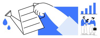 Elle su verme kutusu büyümeyi besliyor, bar grafiği gelişimi temsil ediyor, profesyoneller tartışmada. İş büyümesi, liderlik, takım çalışması, akıl hocalığı, strateji, hedef belirleme için ideal