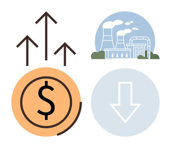 Rising arrows symbolizing progress, dollar sign for economic economy, industrial plant for energy challenges, and downward arrow for decline. Ideal for economy, finance, business growth