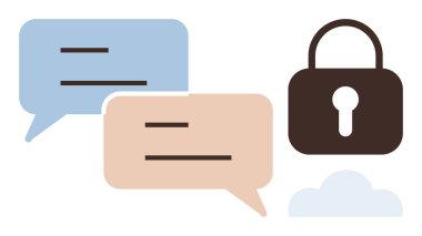 Konuşma baloncukları mavi ve bej renkli ve siyah bir kilit ve bulutlar gizlilik, şifreli mesajlaşma, güvenli veri ve güvenli iletişimi simgeliyor. Siber güvenlik, mahremiyet, mesajlaşma ve bulut için ideal