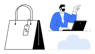 İşadamı, yanında indirim etiketli bir alışveriş çantasıyla dizüstü bilgisayarla çalışırken işaret ediyor. E-ticaret, çevrimiçi alışveriş, teknoloji satışları, markalaşma, perakende pazarlama, müşteri hizmetleri, dijital