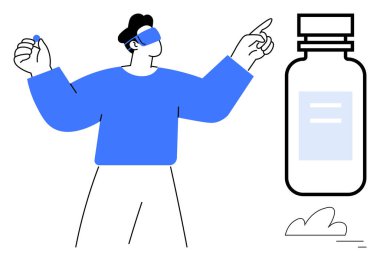 Sanal gerçeklik kulaklığı takan biri büyük bir ilaç şişesini işaret ediyor, elinde bir hap tutuyor, yenilikleri keşfediyor. Teknoloji, sağlık, icat, gelecek, eczane, eğitim için idealdir.