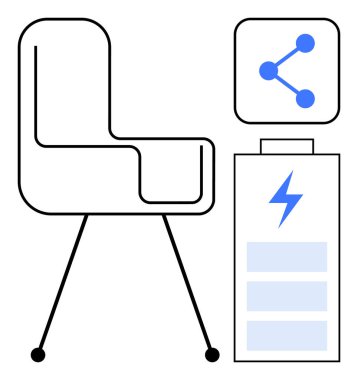 Enerji ikonu, bağlantı sembolleri ve fonksiyonel tasarımın bulunduğu ayakta duran bir birimin yanındaki şık ofis sandalyesi. Teknoloji, yenilik, çalışma alanları, sürdürülebilirlik, uzaktan çalışma, minimalizm için ideal