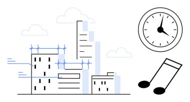 İnşaat halindeki binalar iskelesi, zamanı simgeleyen bir saat ve bir nota. İnşaat, kentsel planlama, zaman yönetimi, yaratıcılık, müzik, üretkenlik için ideal