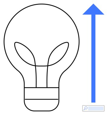 Kalın mavi bir ok ve küçük bir arama çubuğu olan ampul çizgisi. Yenilik, büyüme, yaratıcılık, araştırma, hedefler, strateji, girişimcilik için ideal, basit iniş sayfası