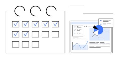 Tamamlanmış görevleri, çizelgeleri, belgeleri ve analitik görüşleri gösteren dijital paneli olan takvim. Zaman yönetimi, planlama, üretkenlik, proje izleme ve veri analizi için ideal