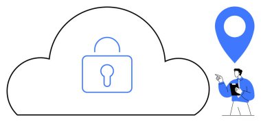 Kilit sembollü bulut veri güvenliğini temsil ediyor. Konum pimi ve elinde tablet bulunan kişi konumlama ve izleme gösteriyor. Bulut güvenliği, veri gizliliği, konum izleme, kullanıcı erişimi için ideal