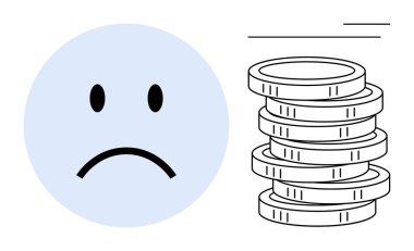 Mali zorlukları vurgulayan bir yığın dikey madeni paranın yanında mavi üzgün surat. Finans, stres, ekonomi, tasarruf, borç, duygu, bütçe kavramları için idealdir. Basit bir düz metafor.