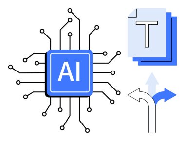 Devre çizgileri olan yapay zeka mikroçipi, istiflenmiş belgeler ve karar verme yollarını gösteren oklar. Yapay zeka, otomasyon, veri işleme, teknoloji, yenilik, basit iniş sayfası için ideal