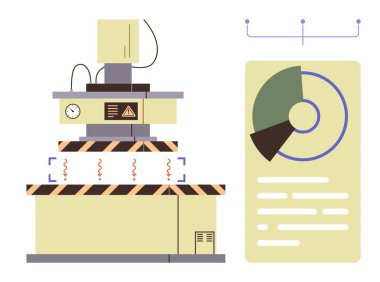Kontrol paneli, güvenlik sembolleri ve veri tablosu izleme performansı olan endüstriyel bir makine. Otomasyon, endüstri, teknoloji, mühendislik, güvenlik analizi ve sistem kurulumu için ideal. Temiz daire