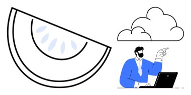 Diz üstü bilgisayarda yukarı bakan, bulutlu, yanında büyük bir turunçgil dilimi olan bir adam. Teknoloji, yenilik, bulut hesaplama, taze fikirler, uzak çalışma, yaratıcılık için ideal düz metafor