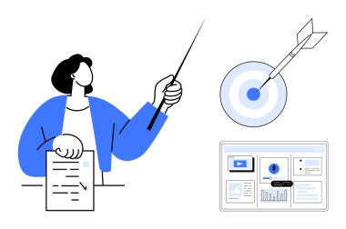 Kadın, stratejik planlamayı raporla, hedefi dartla ve analitik gösterge paneliyle temsil ediyor. İş, planlama, üretkenlik, eğitim, liderlik, büyüme başarısı için ideal