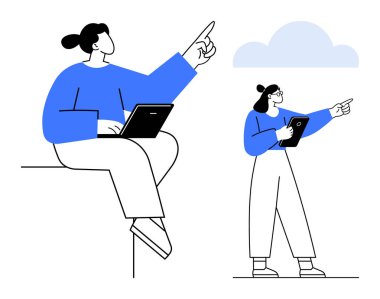 Tabletleri olan iki kadın, biri oturuyor, biri ayakta, bulutu işaret ediyor, yeniliği simgeliyor. Takım çalışması, yaratıcılık, dijital büyüme, öğrenme, vizyon planlaması için ideal basit