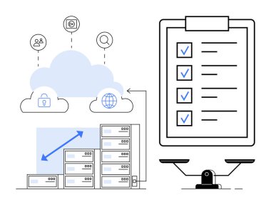 Ağlı sunuculara, kontrol listesi panosuna ve ölçeklenebilirlik simgelerine bağlı bulut. Veri yönetimi için ideal, bulut depolama, ölçeklenebilirlik, teknoloji altyapısı, görev planlaması, analitik basit düz