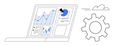 Çizelgeleri, grafikleri ve gösterge tablosu arayüzü olan dizüstü bilgisayar ekranı veri eğilimlerini vurguluyor. Bulut ve teçhizat analizleri, takım çalışması ve dijital aletleri vurgular. Üretkenlik ve teknoloji sektörü için ideal