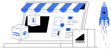 Mağaza eşyaları, kutular ve roketatarlı bir e-ticaret sitesi ekranı. E-ticaret, girişimler, yenilikler, iş büyümesi, dijital pazarlama hizmetleri için ideal online alışveriş. Basit.