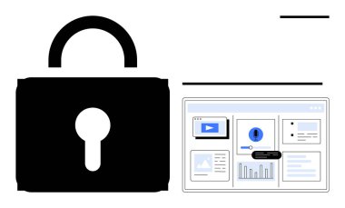 Grafikler, dosyalar ve uyarı uyarıları içeren bir torpido gözüyle kilit simgesi eşleştirildi. Siber güvenlik, gizlilik, veri koruması, internet güvenliği, çevrimiçi izleme, güvenli ağ sade dairesi için ideal