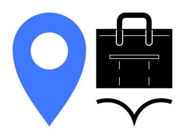 Mavi lokasyon rozeti, siyah alışveriş çantası, ve altı çizgili yön bulma, alışveriş, seyahat ve ticareti sembolize ediyor. Perakende, turizm, dağıtım markalaşma lojistiği için ideal basit tasarım