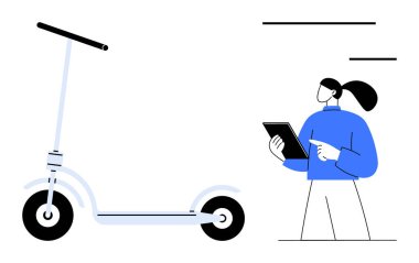 Mavi giysili biri elektrikli scooter 'ı tabletle analiz ediyor, teknolojik yenilikler sunuyor, ekolojik ulaşım, şehir hareket kabiliyeti, akıllı yolculuk. Sürdürülebilirlik, e-ticaret, yenilik, akıllı tasarım kentsel