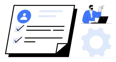 Görev kontrol listesi ve kullanıcı simgesi, kontrol işareti ve ayarlama teçhizatı içeren belge. Yönetici dizüstü bilgisayarını işaret ediyor. İdeal İK, iş akışı yönetimi, üretkenlik, işbirliği, sorumluluk örgütü