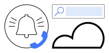 Telefon hatları, telefon ikonu, arama çubuğu ve ana hatları bulutlu çan. Bildirimler, arama, bulut depolama, uyarılar, bağlantı, veri indirme sayfası için ideal