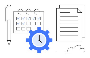 İşaretli görevleri olan kalem, takvim, mekanik saat donanımı, istiflenmiş belgeler. Üretkenlik, planlama, planlama, iş akışı teslim tarihleri görev öncelikleri ofis organizasyonu için idealdir. Basit düz