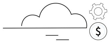 Yatay çizgileri, vites simgesi ve dolar işareti olan bulutlu bir şekil. Teknoloji, iş dünyası, finans, bulut hesaplama, işlemler, yenilik dijital çözümler için ideal basit iniş sayfası