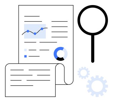 Çizgi çizelgesi, pasta grafiği, büyüteç ve dişli dişli detaylı belgeler. Veri analizi, araştırma, strateji, üretkenlik, optimizasyon bilgi işleme basit düz metafor için idealdir